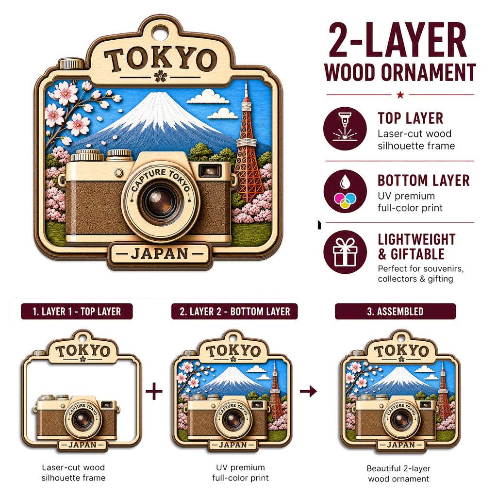 Tokyo Camera Christmas Ornament, Japan Skyline Photographer Travel Gift, Wood Tree Decoration