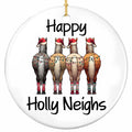 Four Horses From Behind in Santa Hats and Striped Leg Warmers Under Bulb Lights. Ceramic Keepsake for Riders.