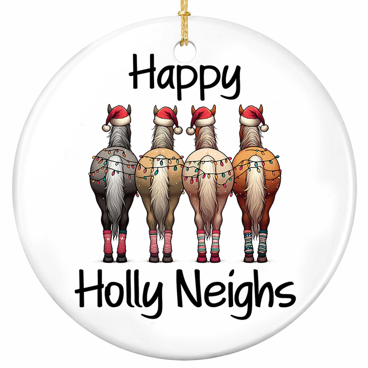 Four Horses From Behind in Santa Hats and Striped Leg Warmers Under Bulb Lights. Ceramic Keepsake for Riders.