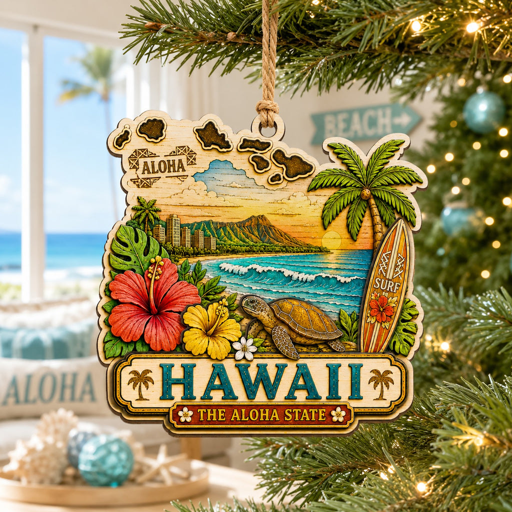 Hawaii Christmas Ornament, Aloha Tropical Island Souvenir Gift, Wood Hanging Tree Decoration