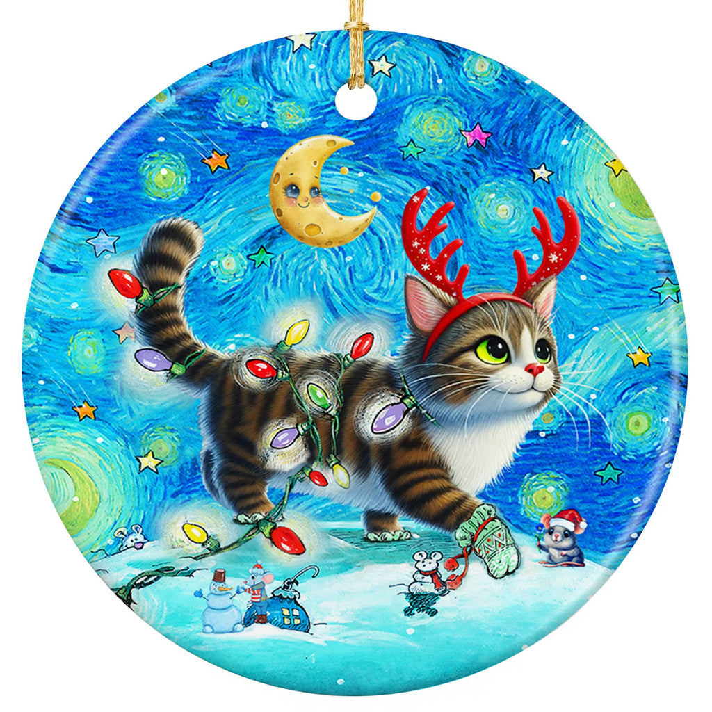 Tabby in Antlers Under a Swirling Starry Sky With Skating Mice. Ceramic Keepsake for Cat Lovers and Art Fans.