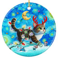 Tabby in Antlers Under a Swirling Starry Sky With Skating Mice. Ceramic Keepsake for Cat Lovers and Art Fans.