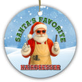 Santa in a Salon Apron Holding Shears and a Styling Comb. Ceramic Keepsake for Stylists and Barbers.