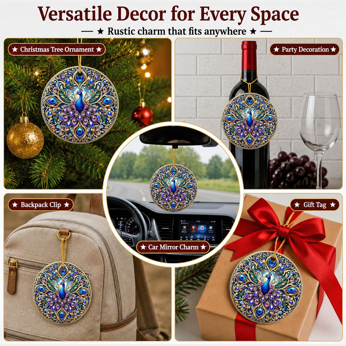 Peacock Christmas Ornament, Jeweled Mandala Elegant Gift, Ceramic Hanging Tree Decoration