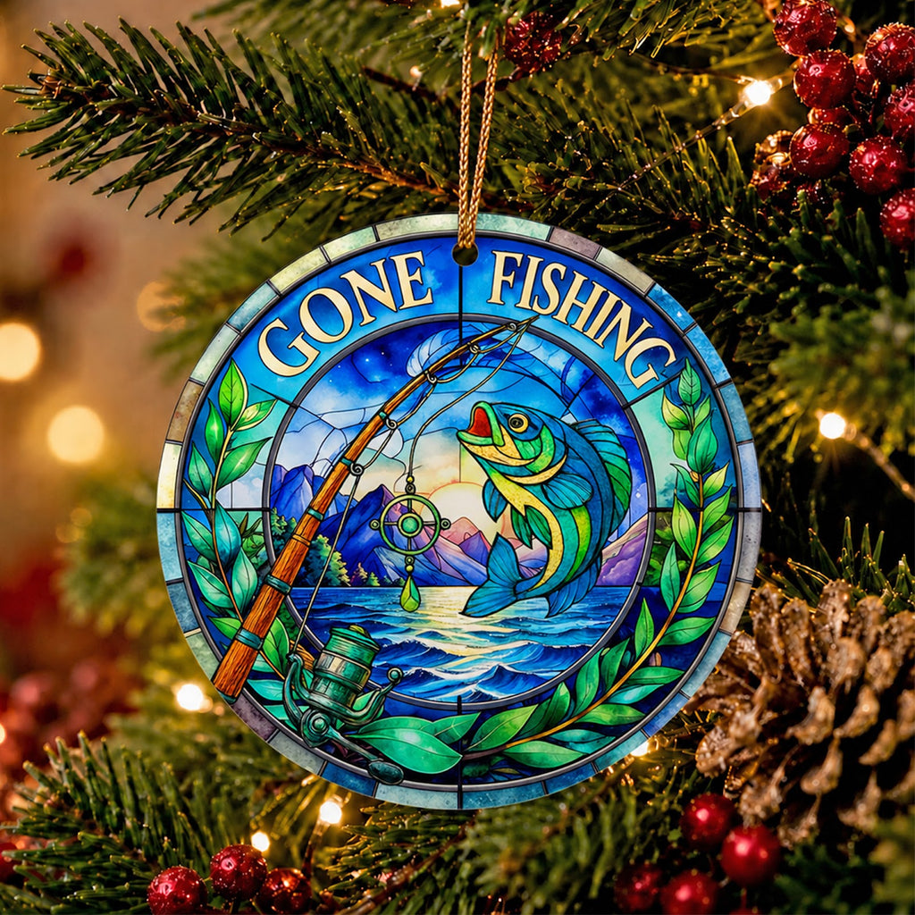 Fishing Christmas Ornament, Stained Glass Bass Angler Gift, Ceramic Hanging Tree Decoration