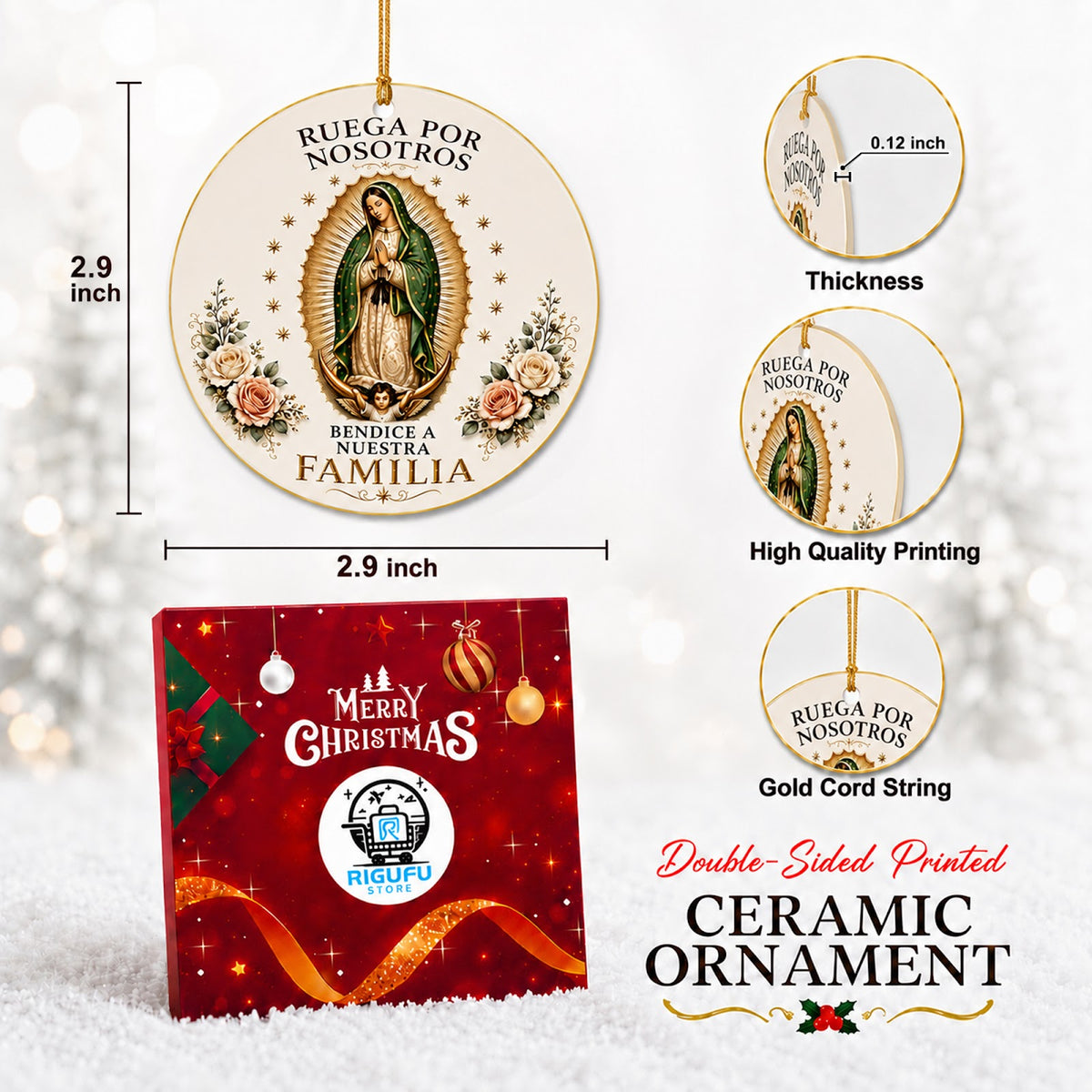 Virgen de Guadalupe Christmas Ornament, Catholic Family Blessing Gift, Ceramic Tree Decoration