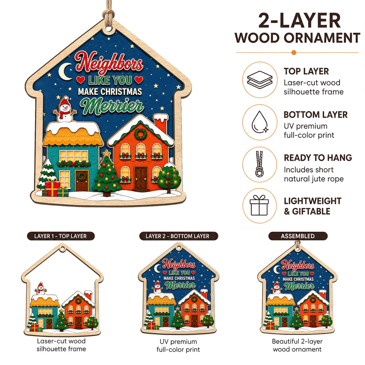 Neighbor Christmas Ornament, Neighborly Holiday Gift, Wood Hanging Tree Decoration
