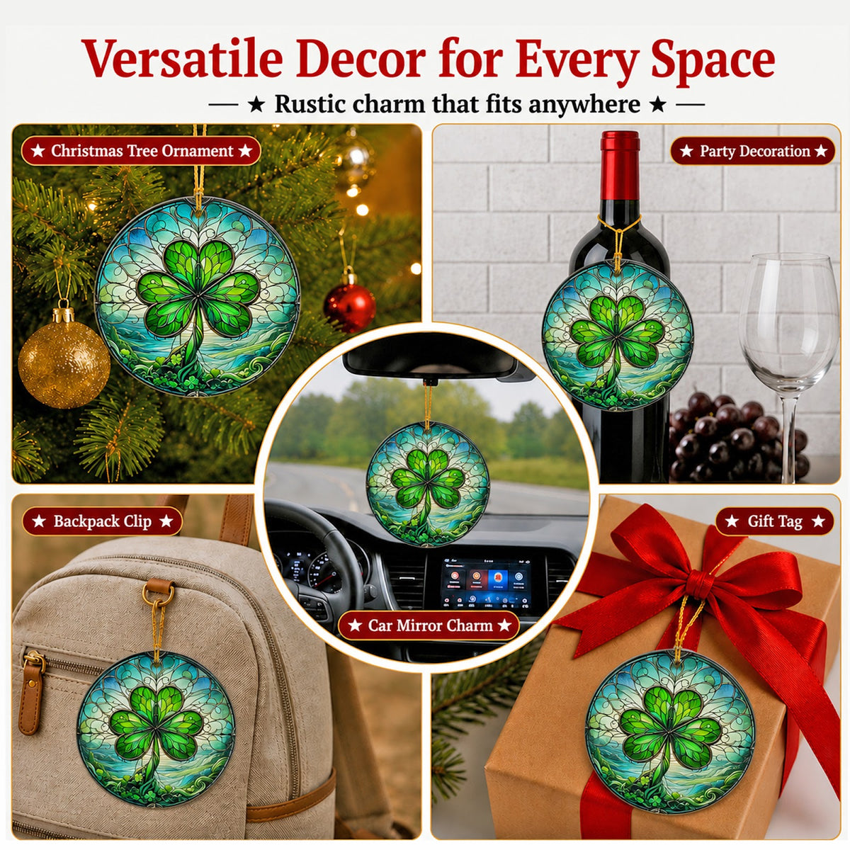 Clover Christmas Ornament, Stained Glass Irish Lucky Gift, Ceramic Hanging Tree Decoration