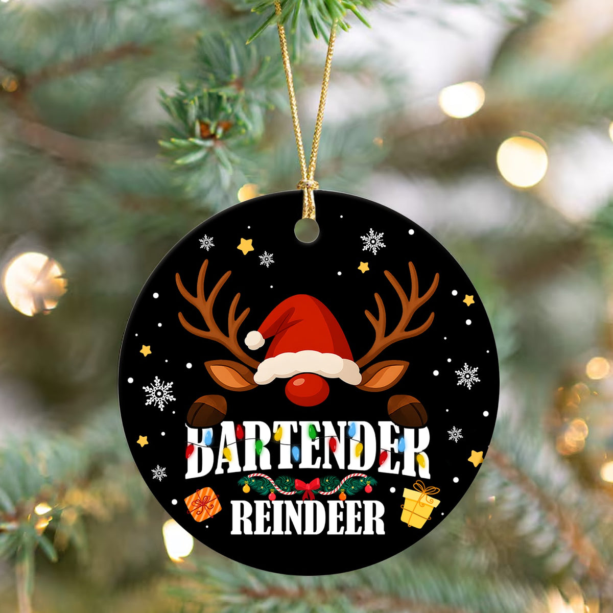 Bartender Christmas Ornament, Reindeer Bar Staff Gift, Ceramic Hanging Tree Decoration