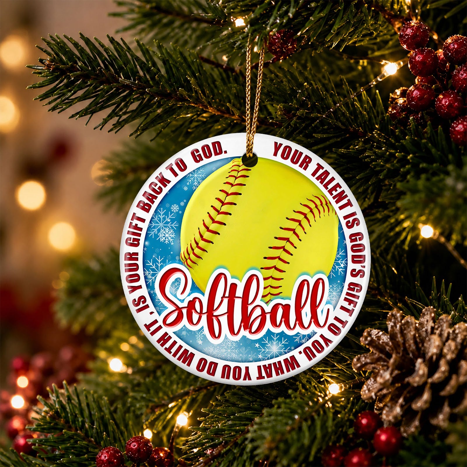 Softball Christmas Ornament, Faith Your Talent Is A Gift Idea, Ceramic Hanging Tree Decoration