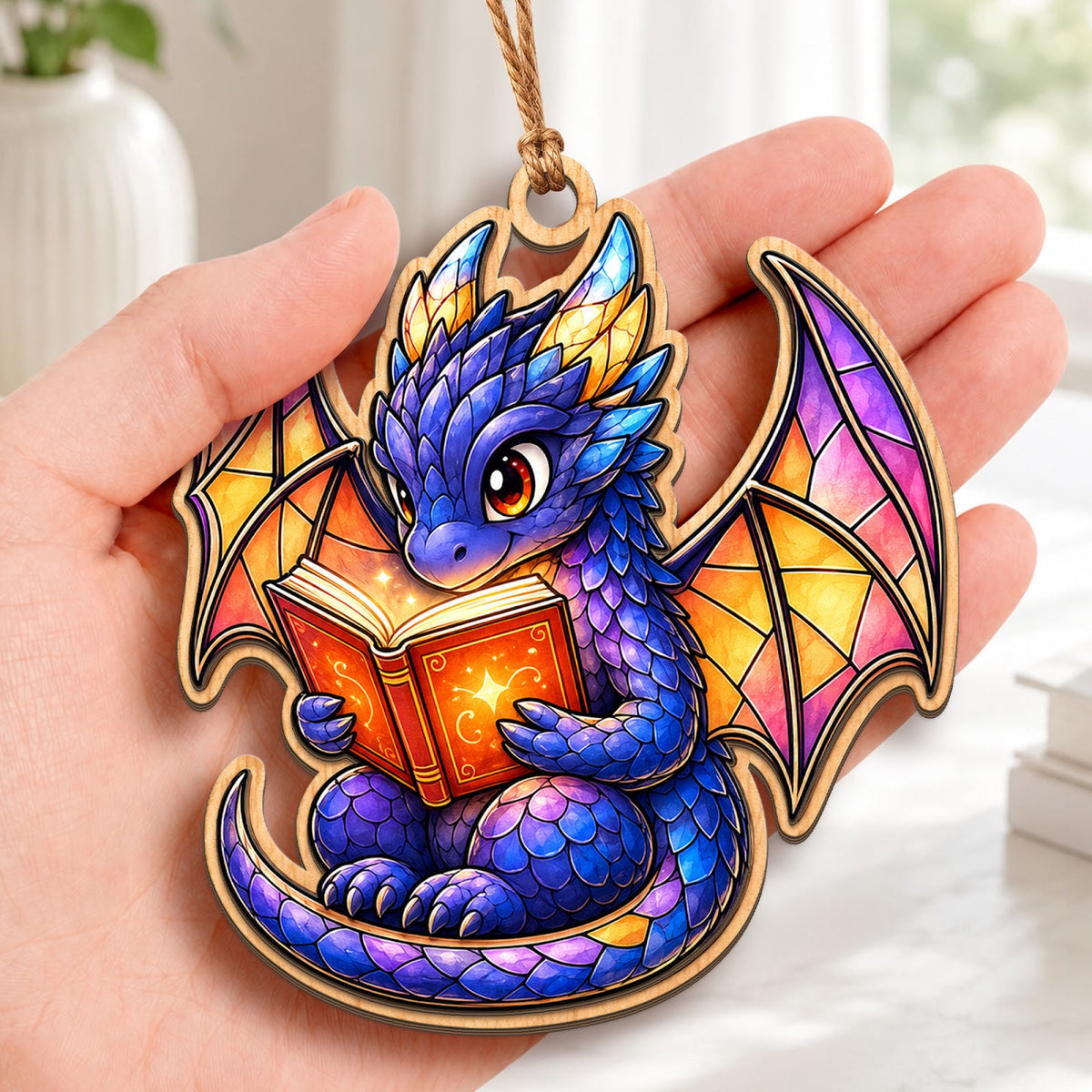 Dragon Book Christmas Ornament, Stocking Stuffer For Fantasy Reader, Wood Tree Decoration