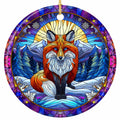 Red Fox With Blue Eyes Before a Golden Sun and Snowy Peaks, in a Purple Mosaic Border. Ceramic Keepsake.