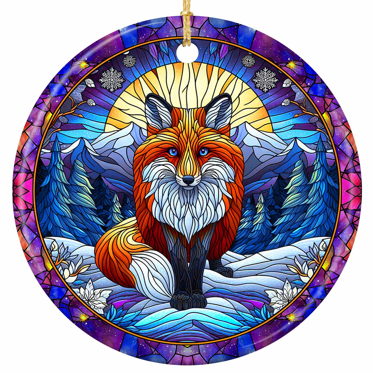 Red Fox With Blue Eyes Before a Golden Sun and Snowy Peaks, in a Purple Mosaic Border. Ceramic Keepsake.