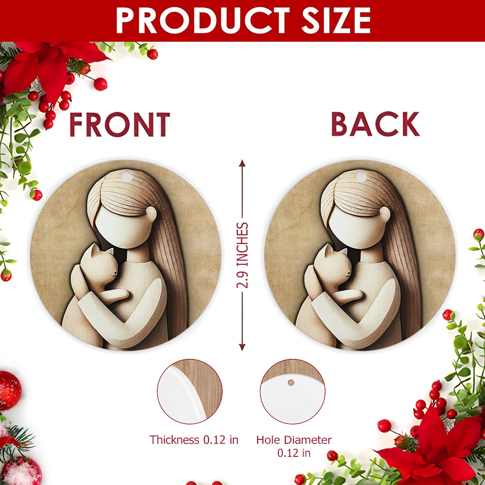 Cat Christmas Ornament, Girl Hugging Cat carved-look Gift, Ceramic Hanging Tree Decoration