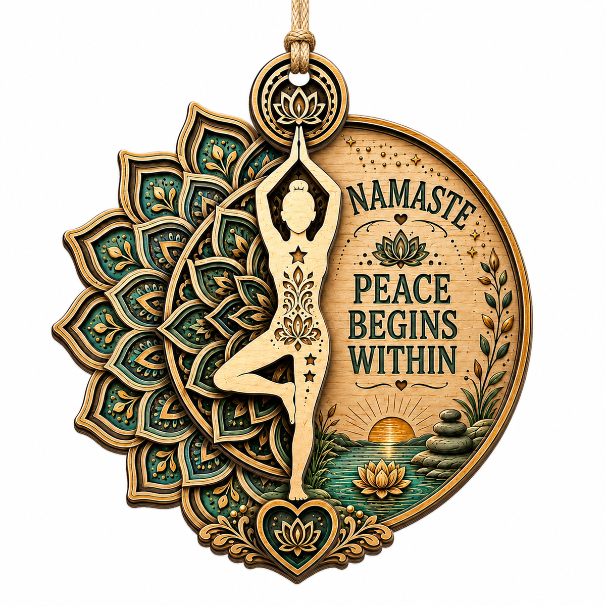 Round Medallion Pairs A Gold Mandala With A Tree Pose Silhouette And Lotus Flower. Calming Gift For Yoga Fans And Teache