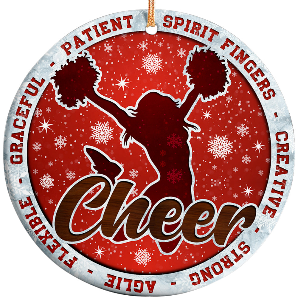 Cheerleader Mid-Jump With Pom Poms on Deep Red, Ringed by Spirit Words. Ceramic Keepsake for Cheer Squads.