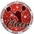 Cheerleader Mid-Jump With Pom Poms on Deep Red, Ringed by Spirit Words. Ceramic Keepsake for Cheer Squads.