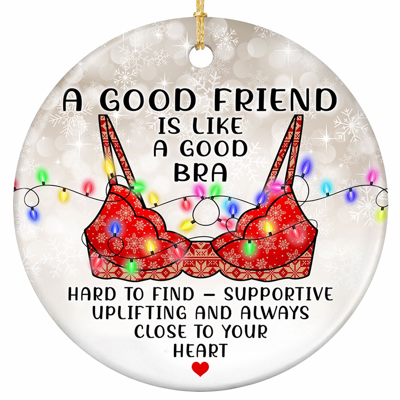 A Nordic Knit Garment Draped in Bulb Lights on a Snowy Bokeh Ground. Cheeky Ceramic Keepsake for Best Friends.