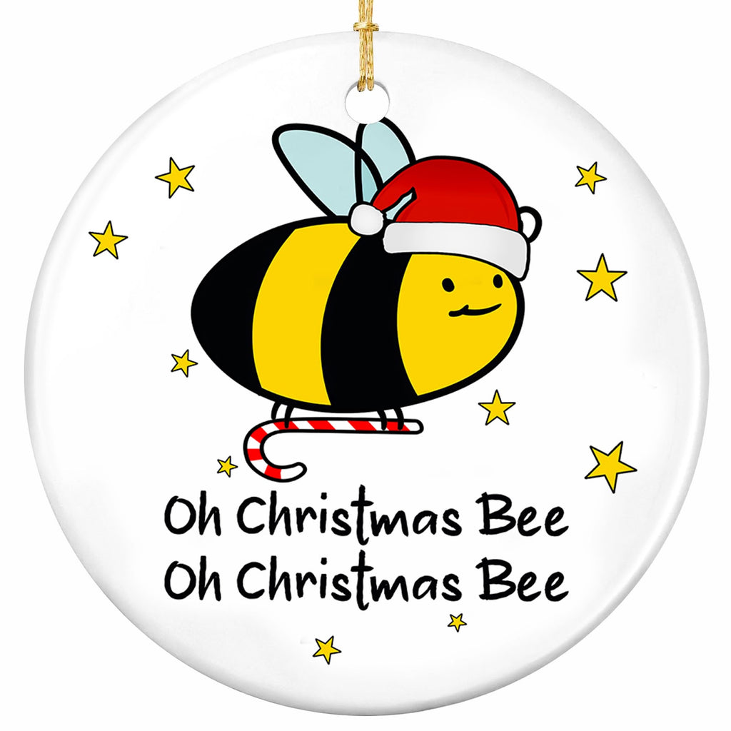 A Smiling Bumblebee in a Santa Hat Perched on a Candy Cane Among Yellow Stars. Ceramic Keepsake for Bee Lovers.