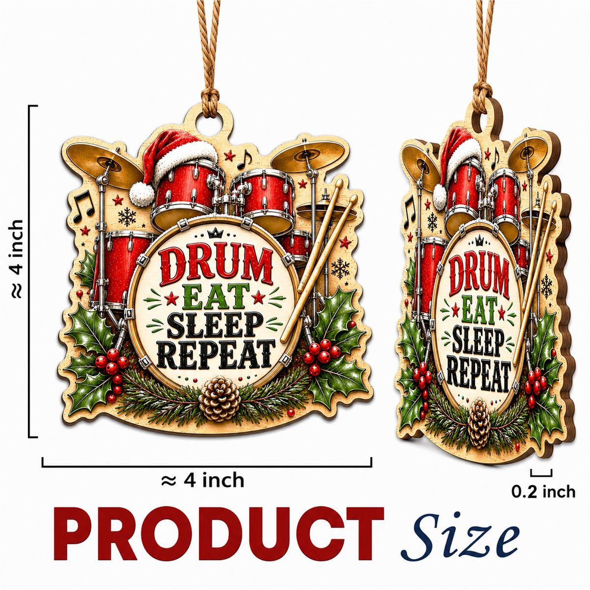 Drum Christmas Ornament, Stocking Stuffer For Percussionist, Wood Hanging Tree Decoration