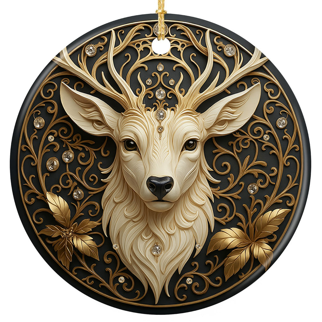 Cream Deer Head With Tall Antlers on Black With Gold Filigree and Gem Accents. Ceramic Relief Keepsake.