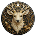 Cream Deer Head With Tall Antlers on Black With Gold Filigree and Gem Accents. Ceramic Relief Keepsake.