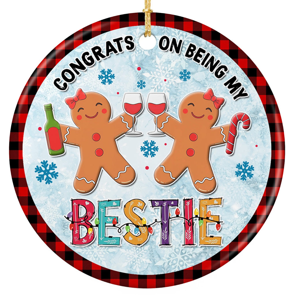 Two Gingerbread Cookies Clinking Wine Glasses on a Buffalo Plaid Border. Ceramic Keepsake for Best Friends.