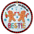Two Gingerbread Cookies Clinking Wine Glasses on a Buffalo Plaid Border. Ceramic Keepsake for Best Friends.