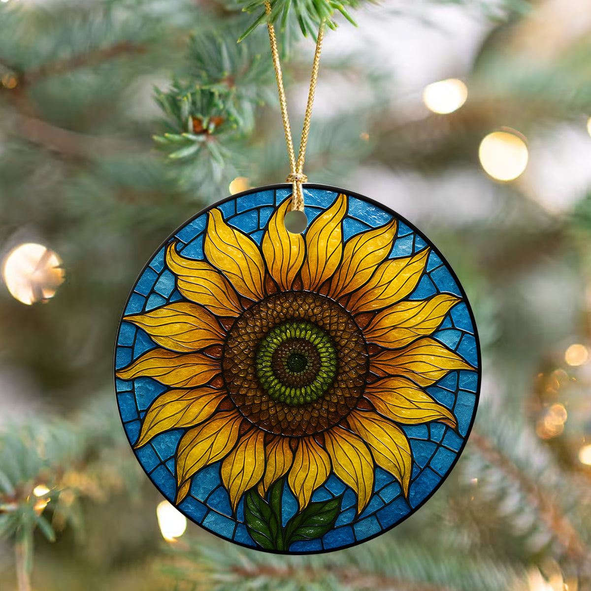 Sunflower Christmas Ornament, Stained Glass Garden Gift, Ceramic Hanging Tree Decoration
