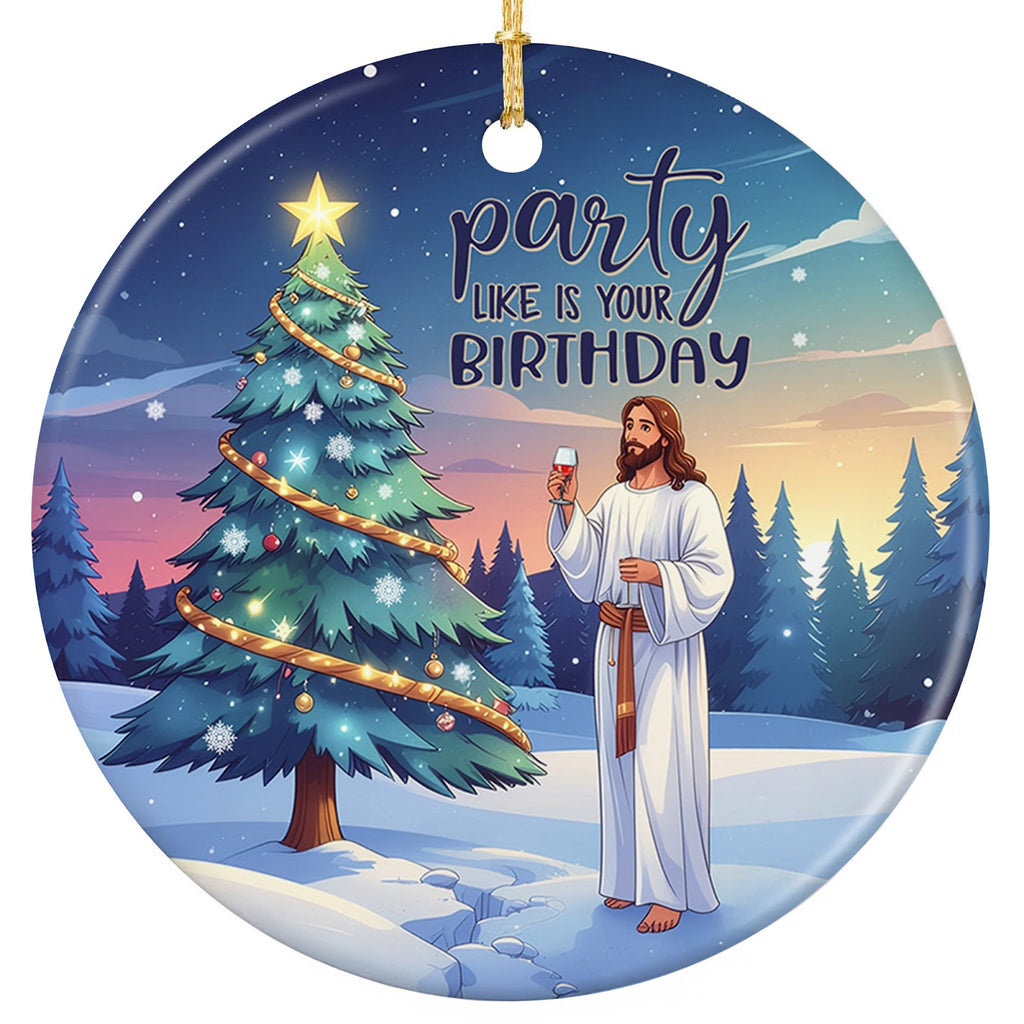 Robed Figure Beside a Star Topped Tree Holding a Glass Under a Dawn Winter Sky. Ceramic Faith Keepsake.