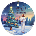 Robed Figure Beside a Star Topped Tree Holding a Glass Under a Dawn Winter Sky. Ceramic Faith Keepsake.