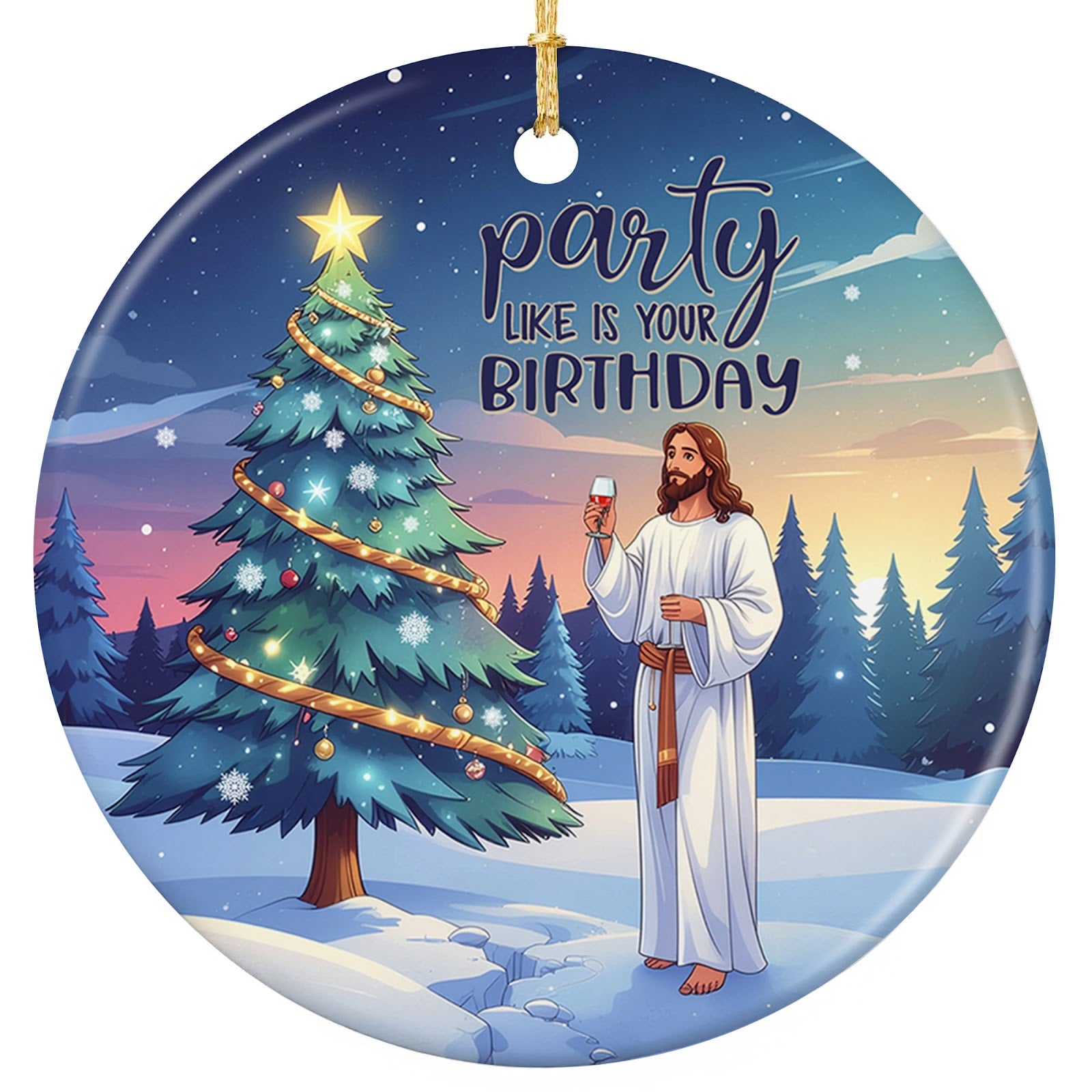 Robed Figure Beside a Star Topped Tree Holding a Glass Under a Dawn Winter Sky. Ceramic Faith Keepsake.