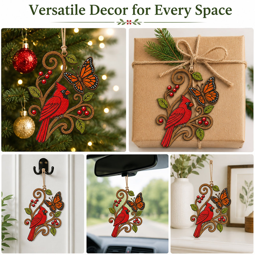 Cardinal Butterfly Christmas Ornament, Nature Gift For Bird Lover, Wood Hanging Tree Decoration