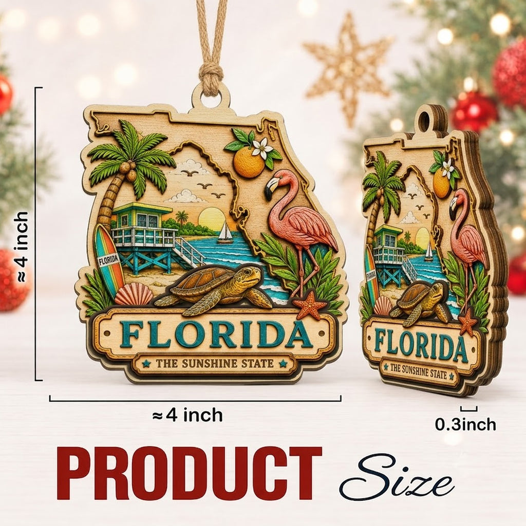 Florida Christmas Ornament, Sunshine State Beach and Palm Souvenir Gift, Wood Tree Decoration