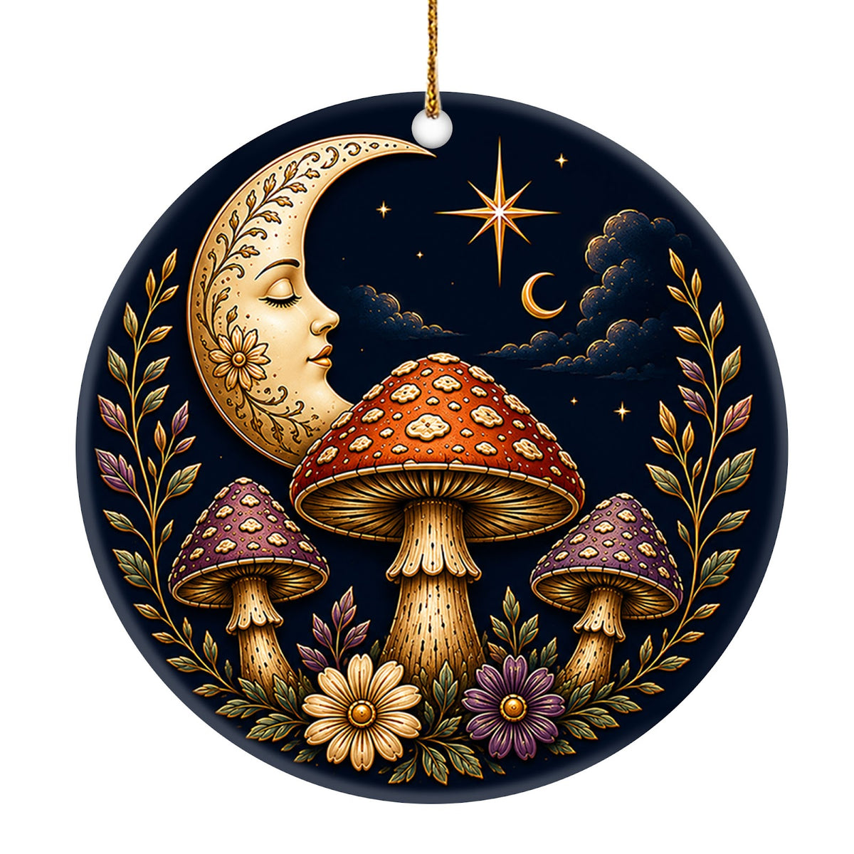 Mushroom and Moon design on a glazed ceramic disc. Keepsake for cottagecore, foraging and woodland decor fans.