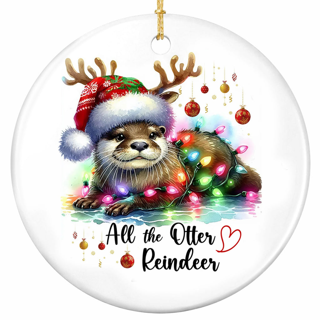 Watercolour Otter on Ice in a Knit Santa Hat With Antlers and a String of Bulbs. Ceramic Keepsake for Otter Fans.