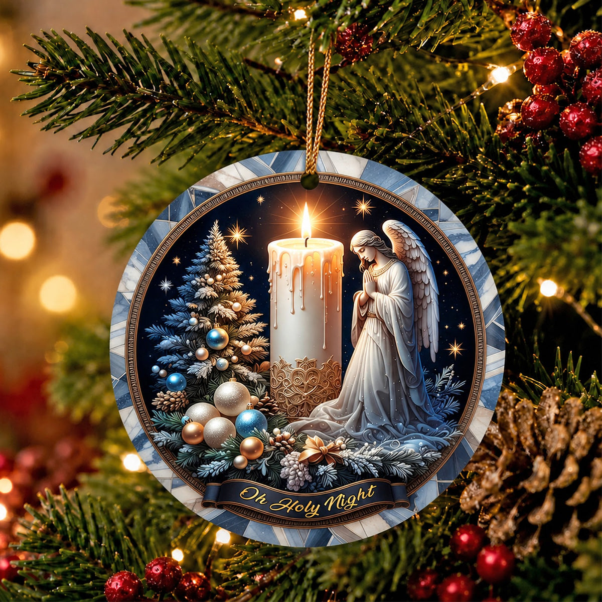 Angel Christmas Ornament, Praying Candlelight Faith Gift, Ceramic Hanging Tree Decoration