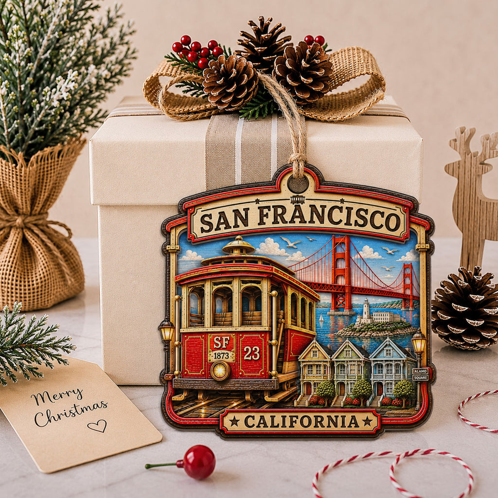 San Francisco Christmas Ornament, Golden Gate Bridge Souvenir Gift, Wood Tree Decoration