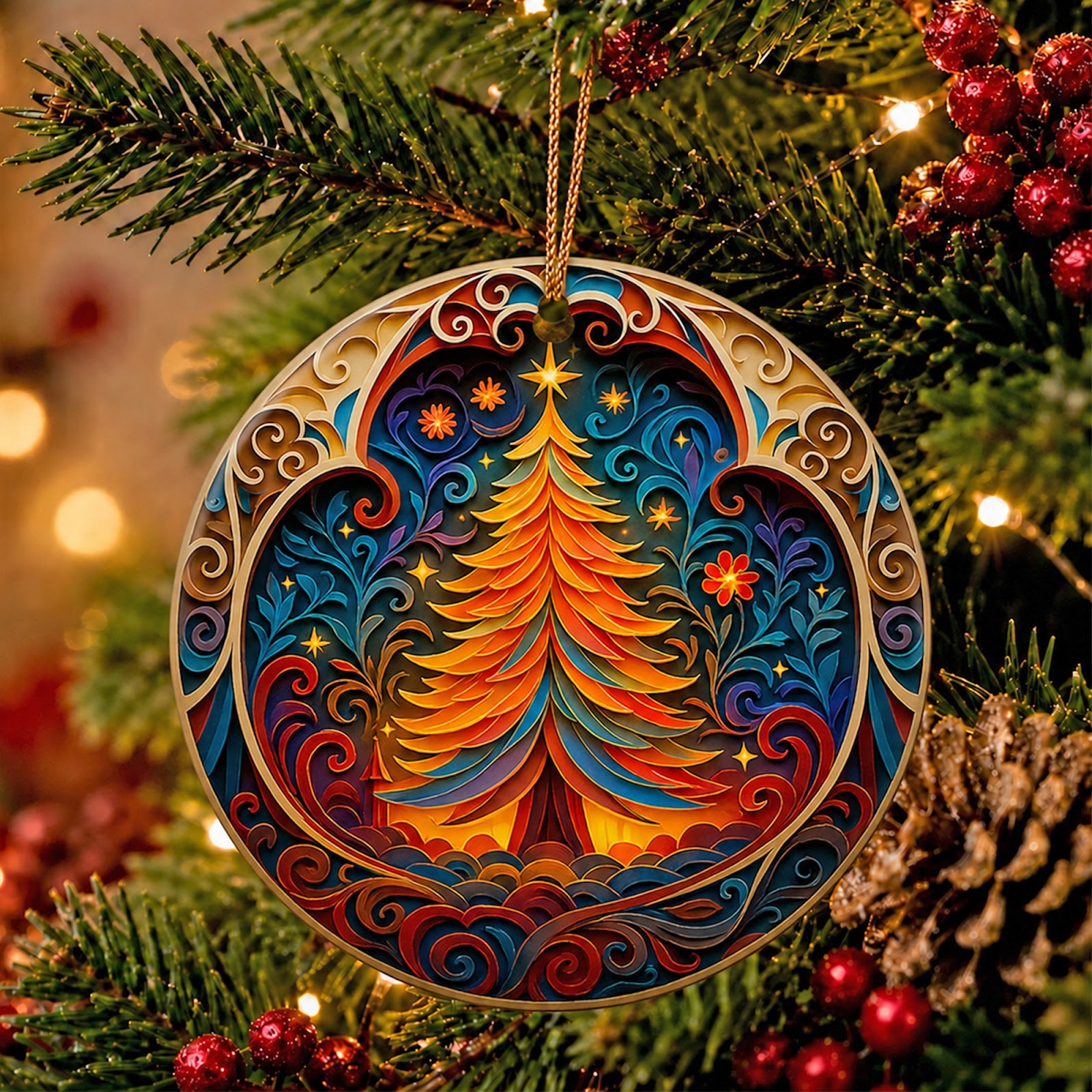 Christmas Tree Christmas Ornament, Folk Art Glowing Carved Star Gift, Ceramic Tree Decoration