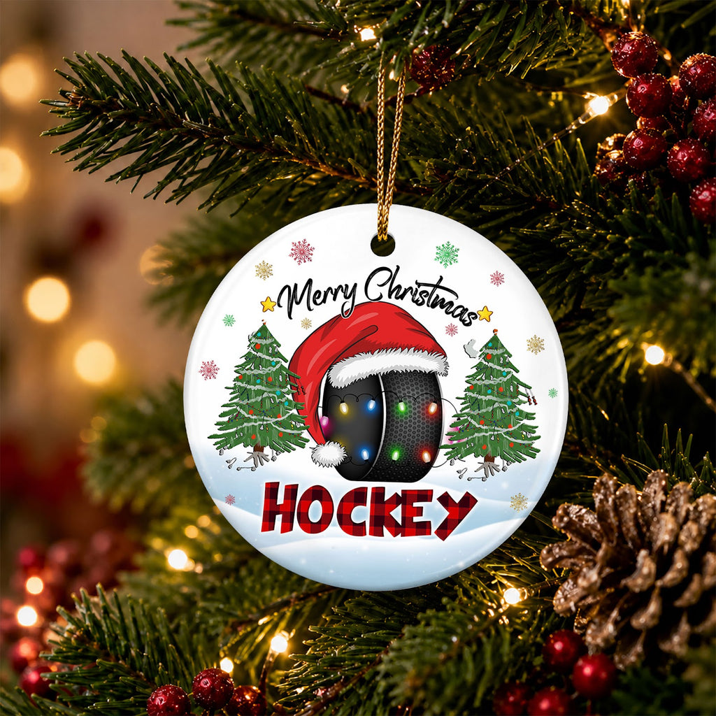 Hockey Christmas Ornament, Puck In A Santa Hat Gift, Ceramic Hanging Tree Decoration