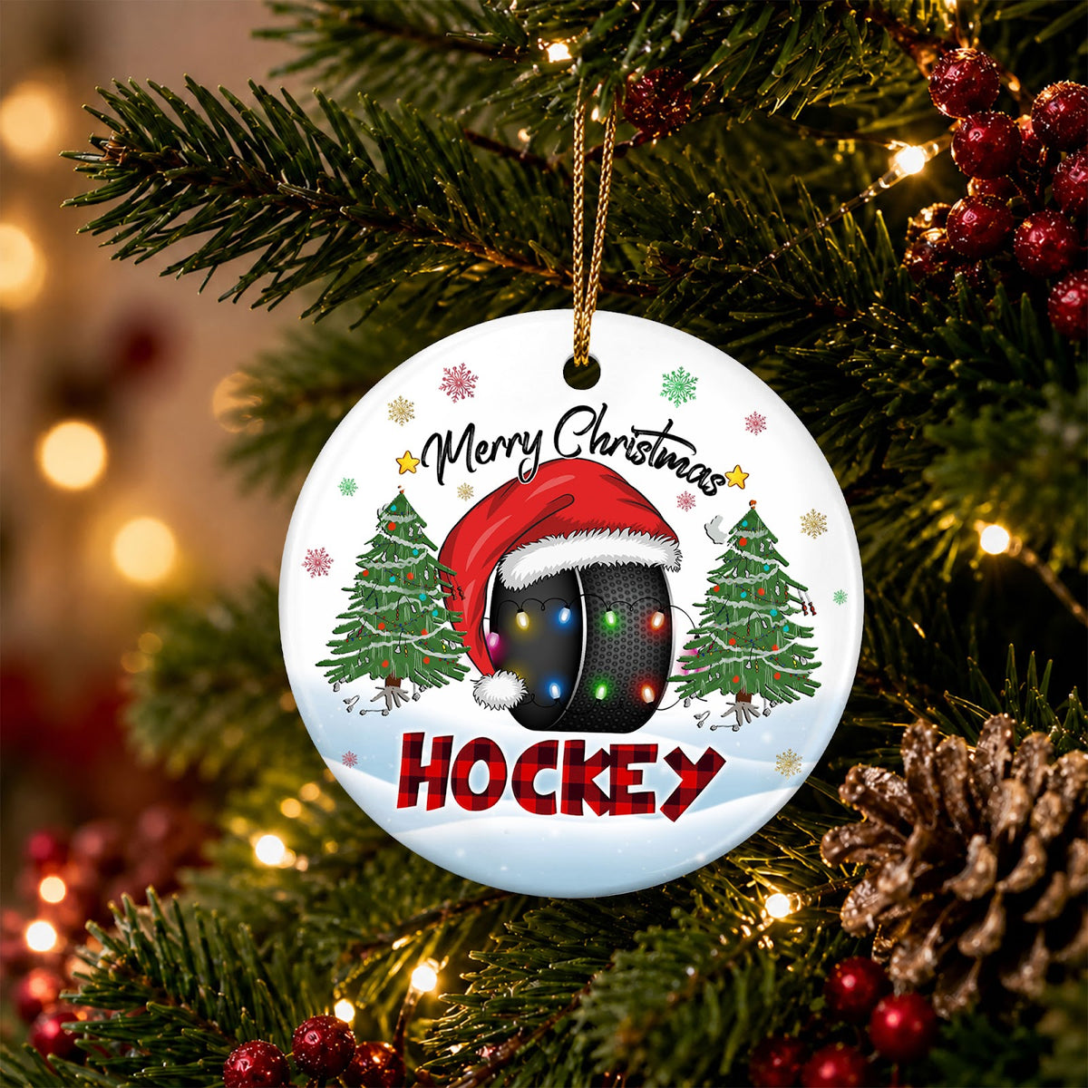 Hockey Christmas Ornament, Puck In A Santa Hat Gift, Ceramic Hanging Tree Decoration