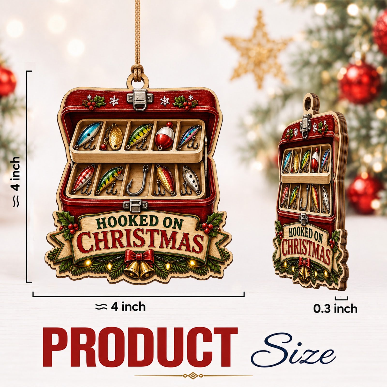 Box With Bobbers Fishing Tackle Christmas Ornament, Tackle Box Keepsake, Wood Tree Decoration