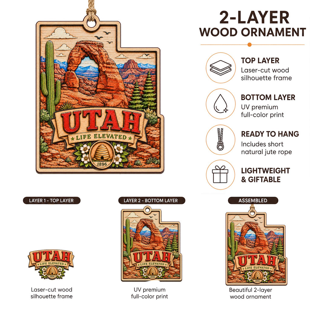Utah Christmas Ornament, Red Rock Arches and Canyon Hiker Gift, Wood Hanging Tree Decoration