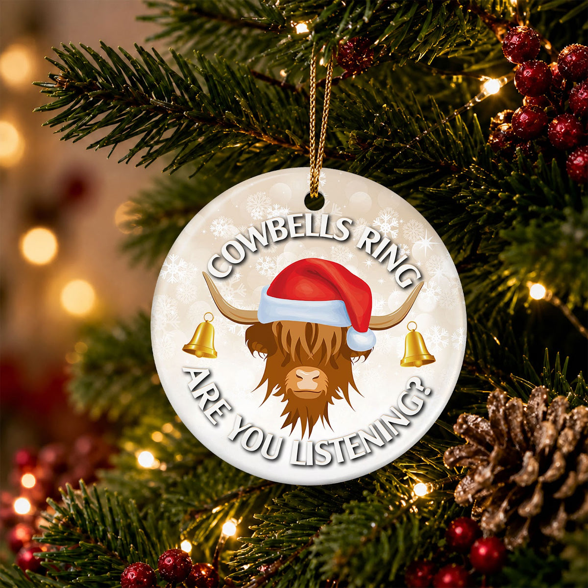 Highland Cow Christmas Ornament, Funny Cowbells Farmhouse Gift, Ceramic Hanging Tree Decoration