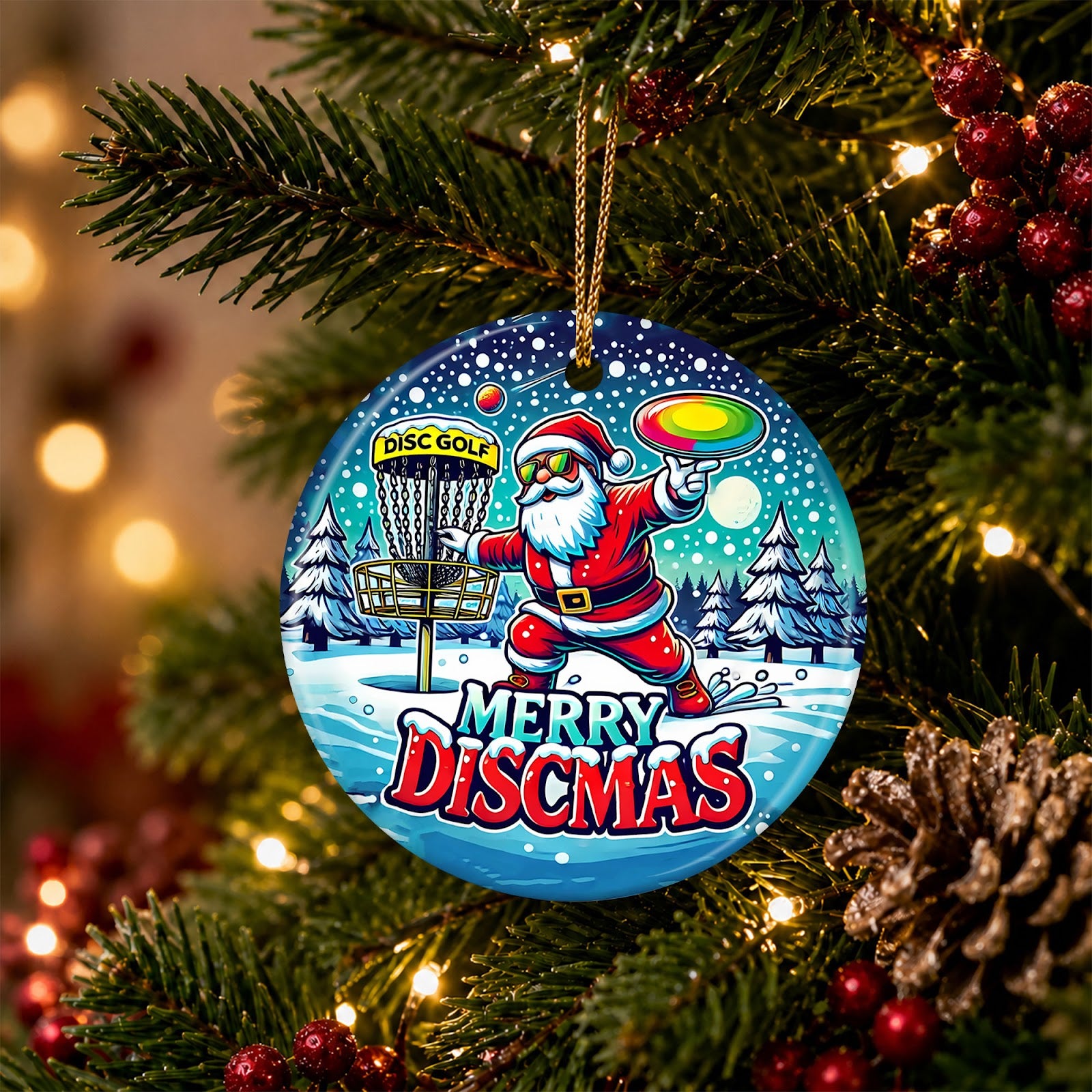Disc Golf Christmas Ornament, Merry Discmas Santa Basket Gift, Ceramic Hanging Tree Decoration