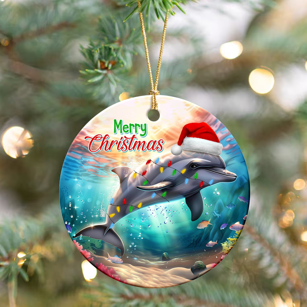 Dolphin Christmas Ornament, Tropical Beach Ocean Gift, Ceramic Hanging Tree Decoration