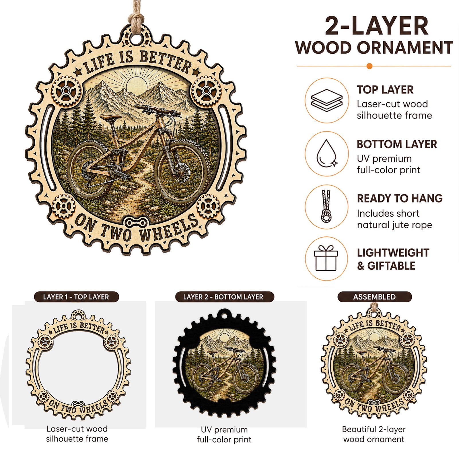 MTB Mountain Bike Trail Rider Christmas Ornament, Singletrack Keepsake, Wood Tree Decoration