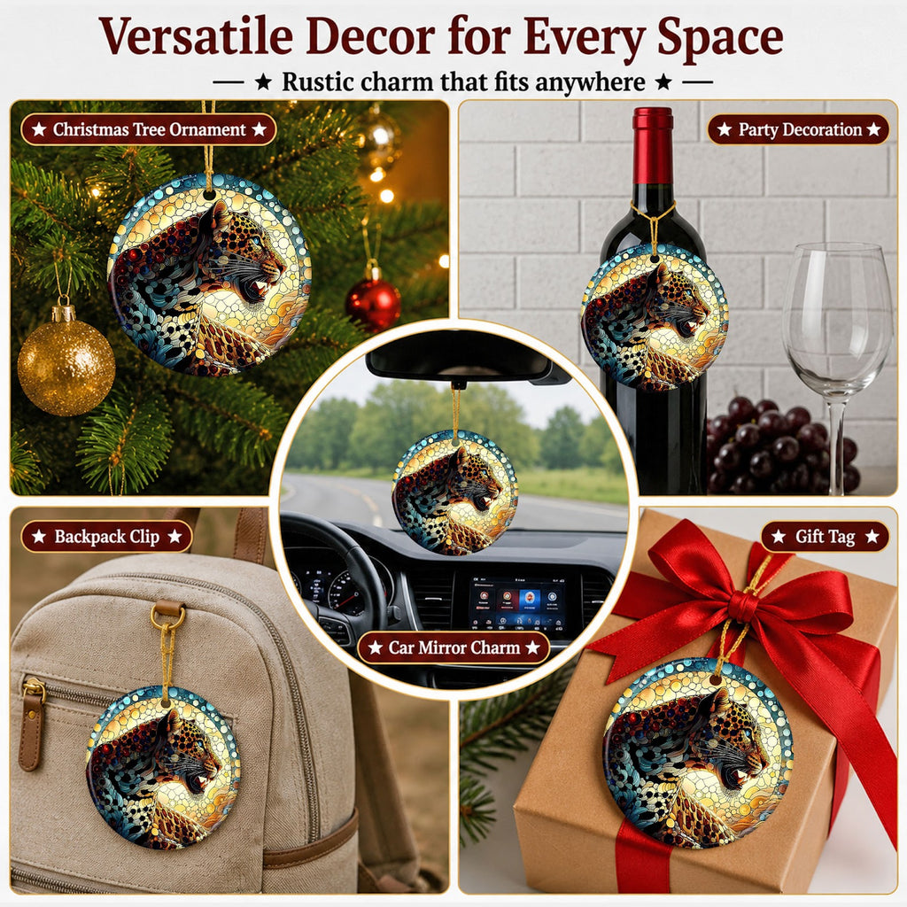 Big Cat Christmas Ornament, Mosaic Leopard Wild Art Gift, Ceramic Hanging Tree Decoration