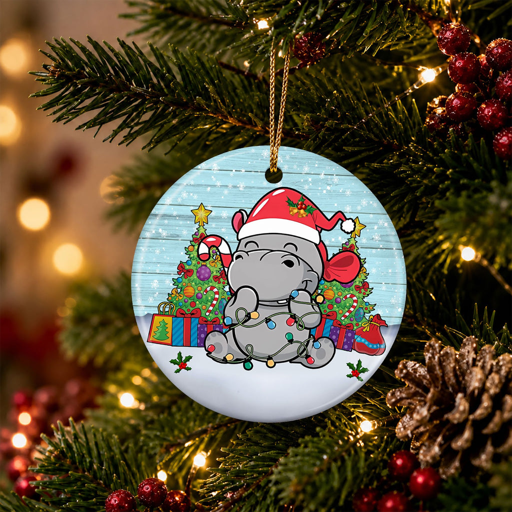 Hippo Christmas Ornament, Cute Santa Hat Animal Gift, Ceramic Hanging Tree Decoration