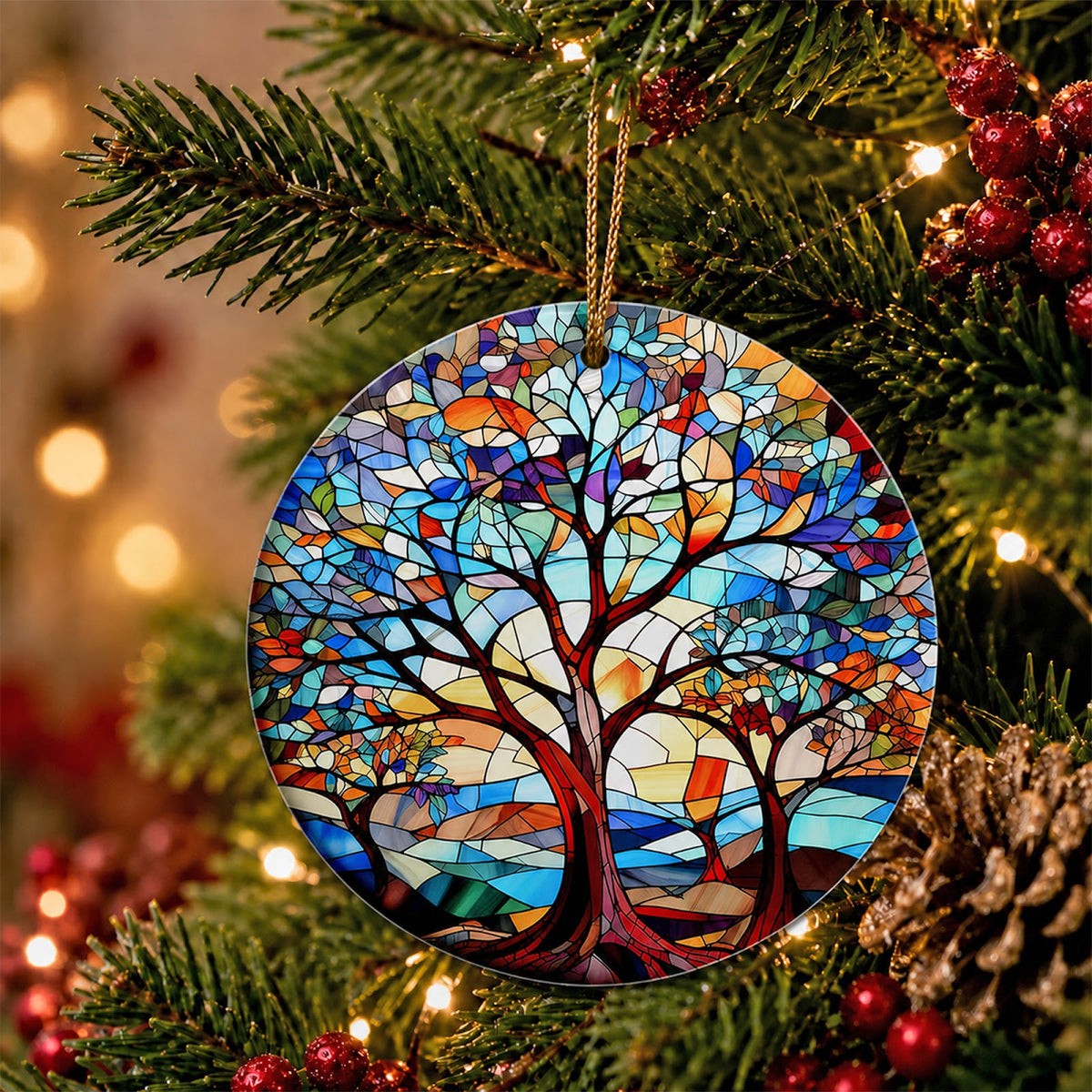 Tree Of Life Christmas Ornament, Stained Glass Family Gift, Ceramic Hanging Tree Decoration